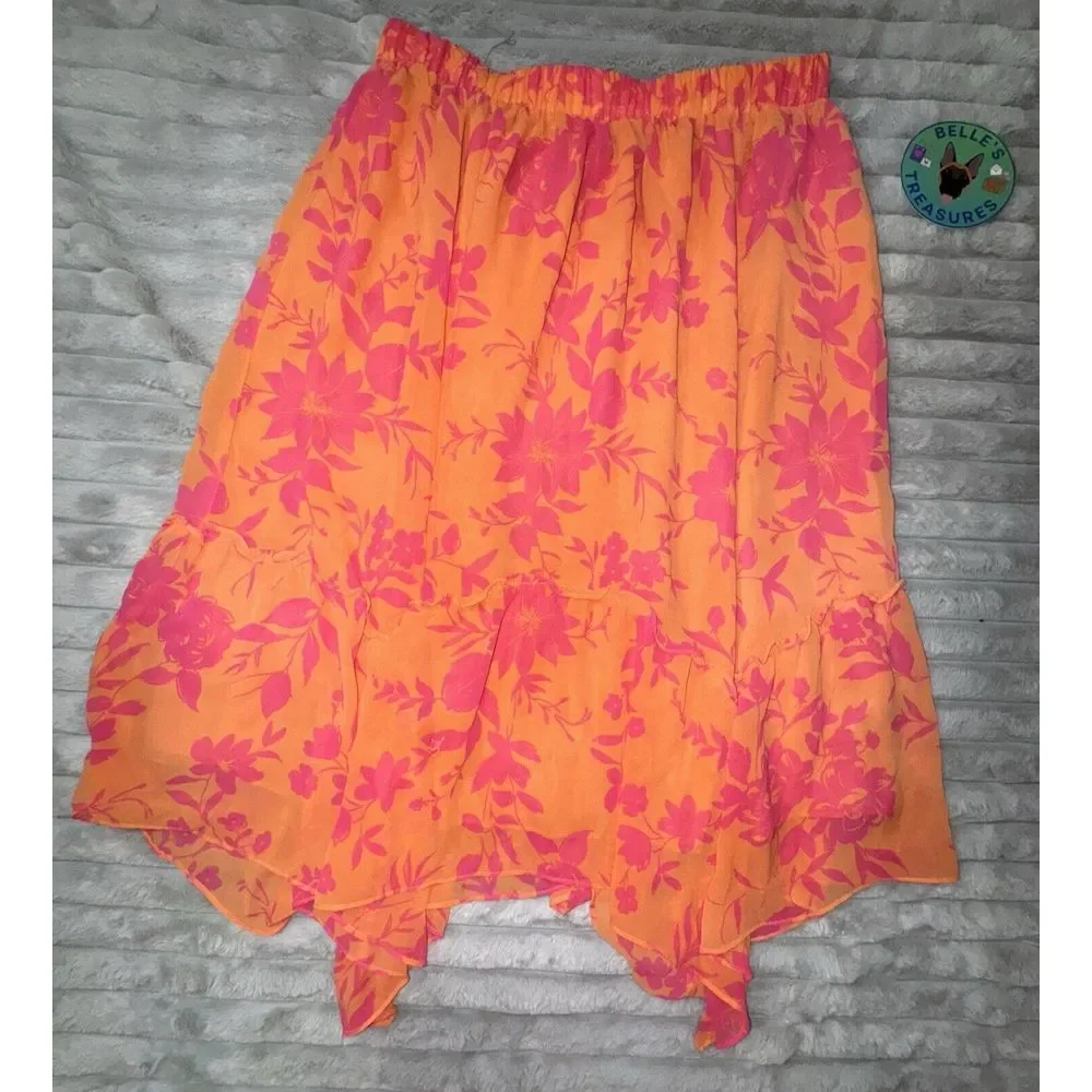 Women's Large 12-14 Orange Pink Chiffon Asymmetric Skirt‎ Y2K 90s Fairy Spring